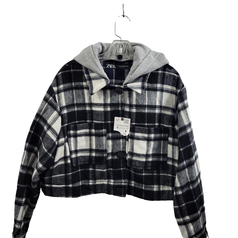 Zara Black & White Plaid Crop Jacket with Removable Hood Size XL NWT 41824-0763